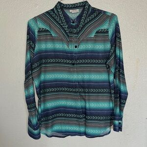 Ariat Blue and Green Casual Button Down Shirt with Southwestern Pattern